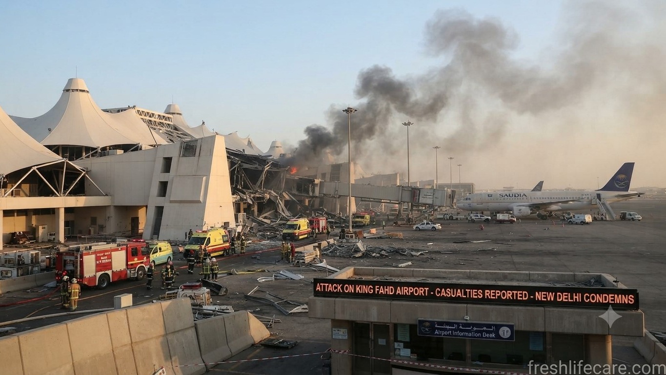 Emergency vehicles and firefighters respond to smoke and structural damage at Saudi Arabia's King Fahd Airport, with the website watermark "freshlifecare.com" in the bottom right corner.