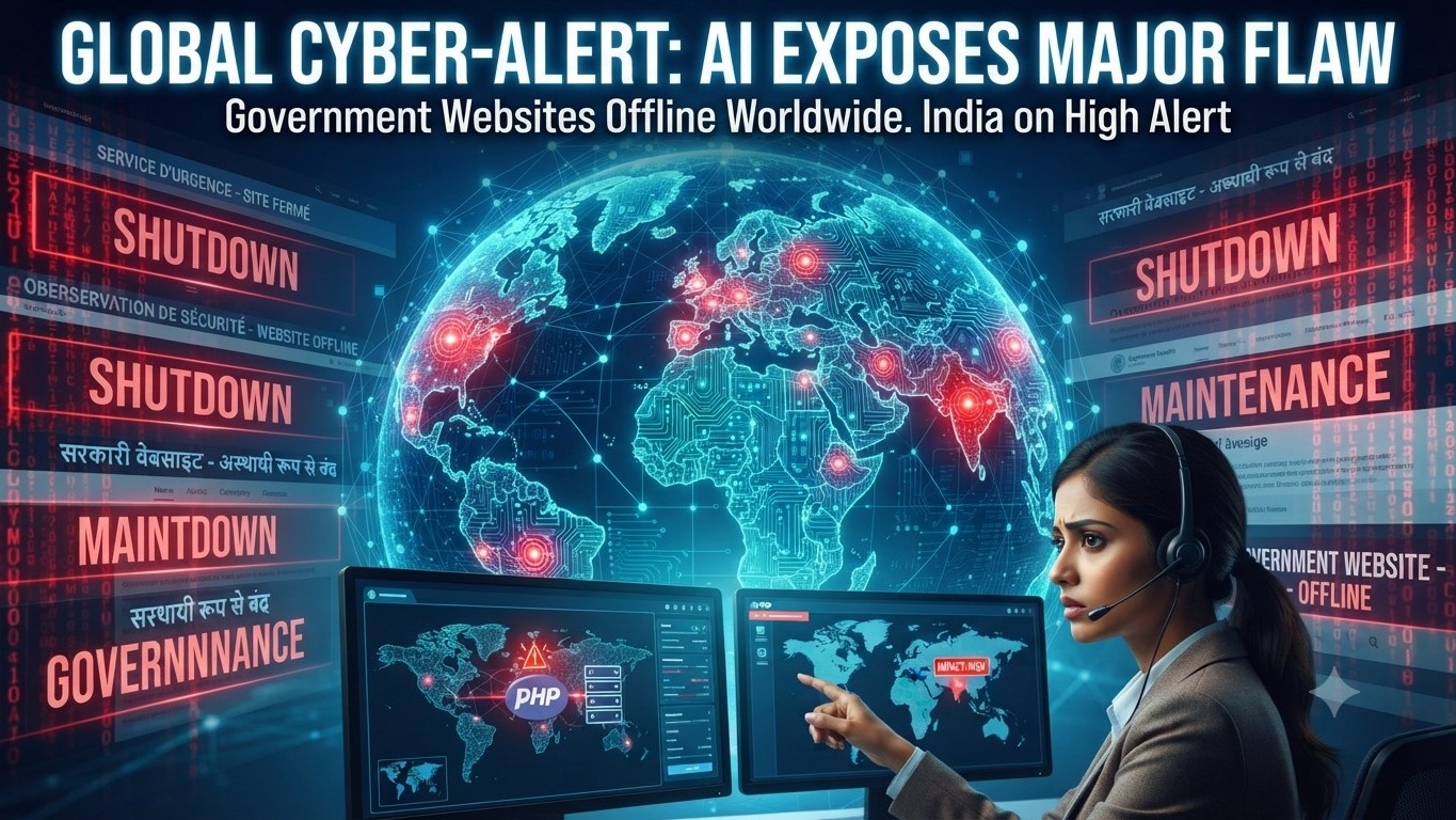 A cyber security analyst monitoring dual screens showing PHP vulnerability alerts, set against a digital world globe displaying global website shutdown notices