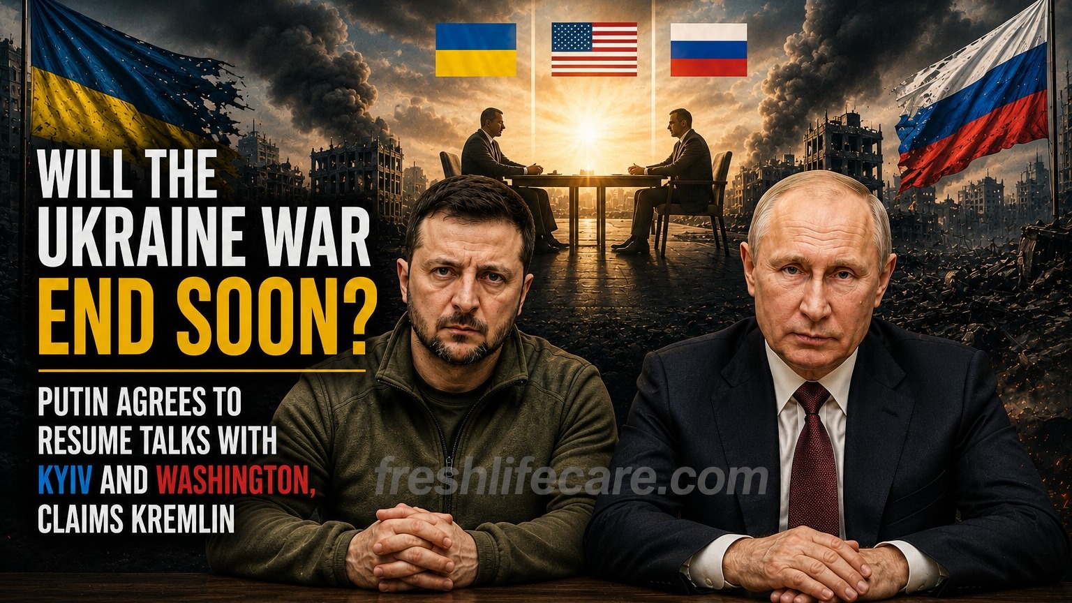 Putin and Zelenskyy amid Ukraine peace talks, with freshlifecare.com watermark