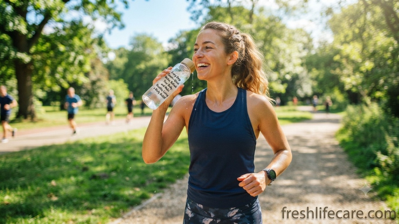 A woman drinking water while jogging in a park with freshlifecare.com watermark