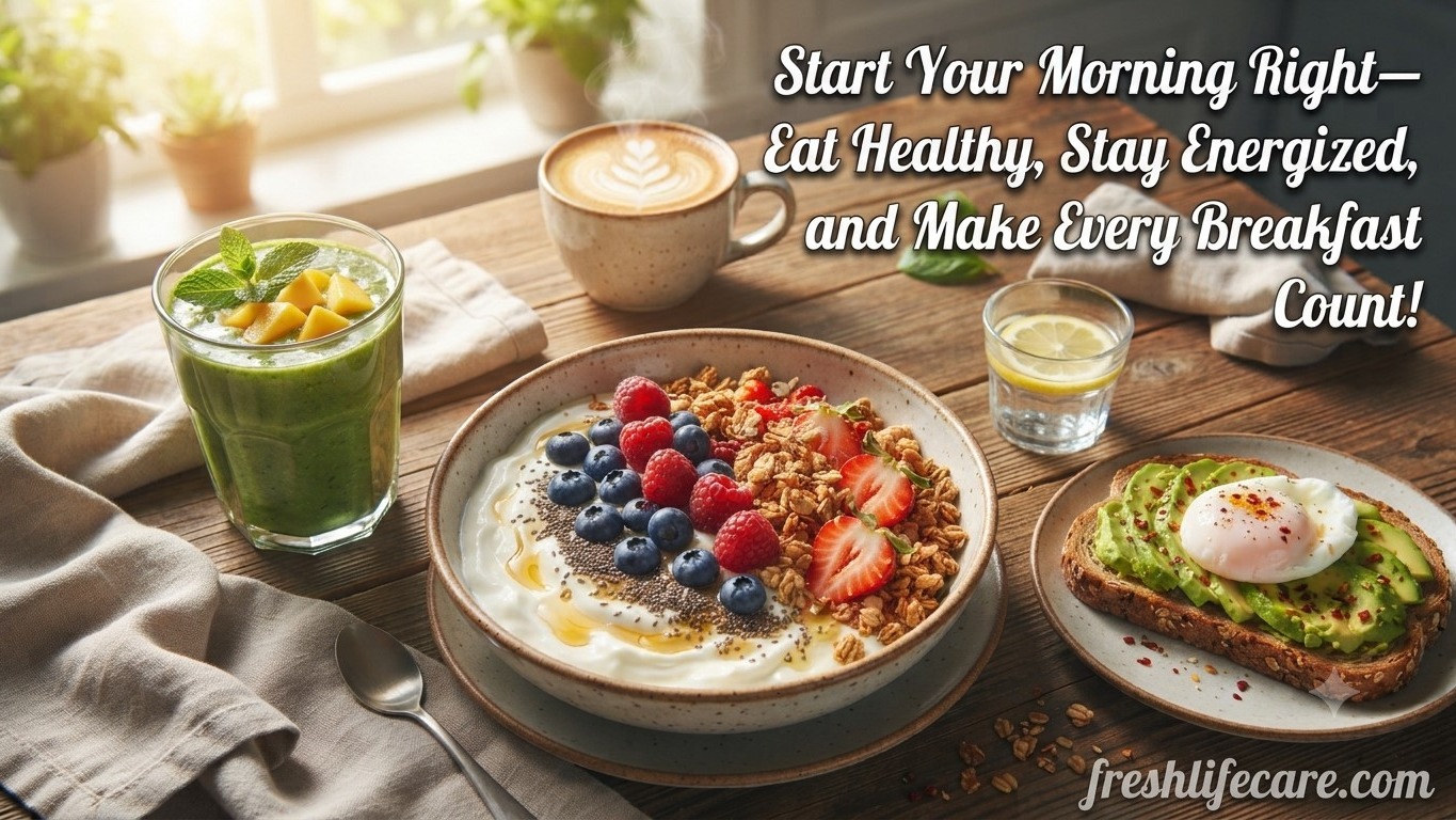 A healthy breakfast spread of yogurt, avocado toast, and a green smoothie on a wooden table, with motivational morning