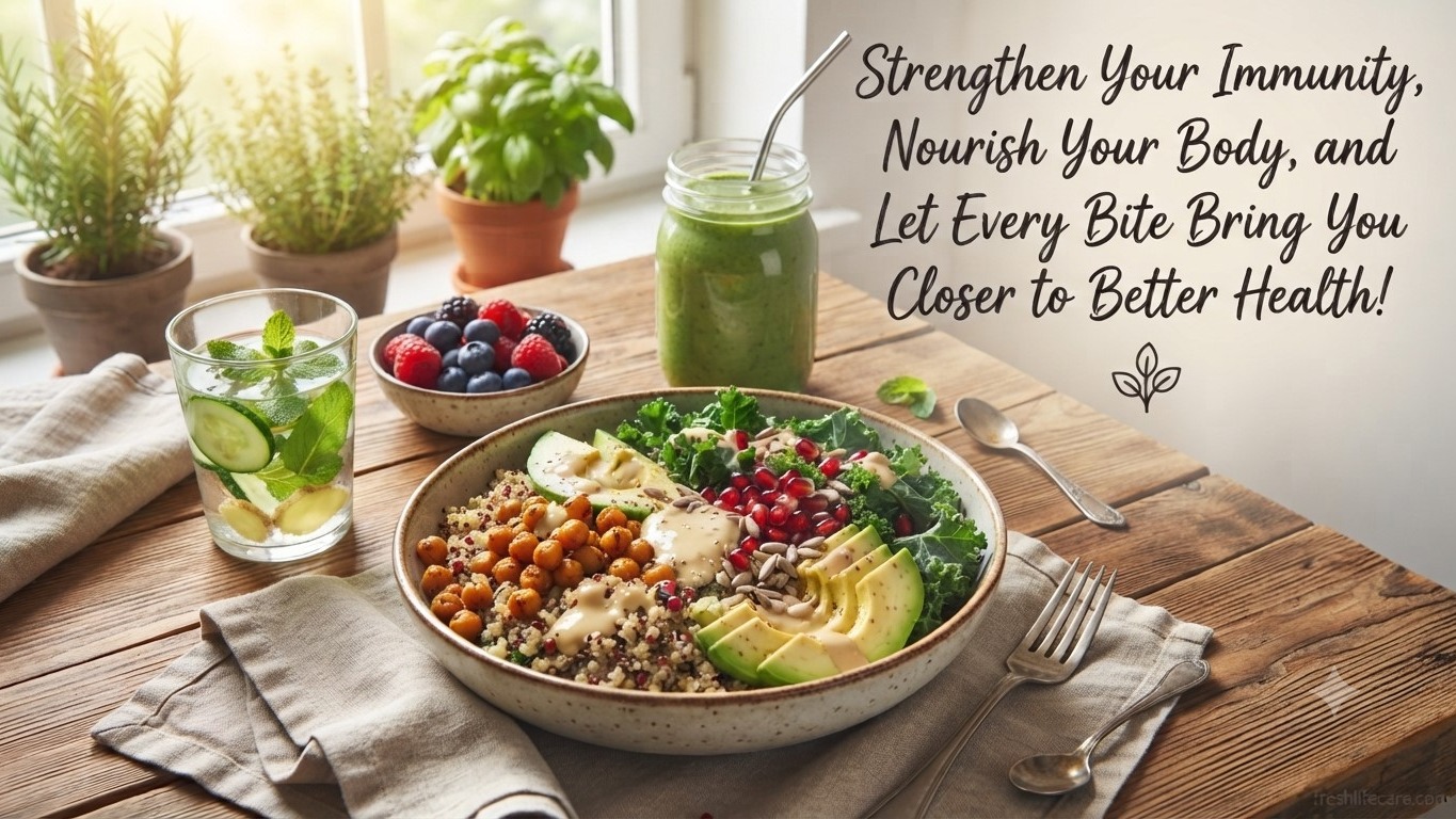 A nutrient-rich nourish bowl with quinoa, avocado, chickpeas, and green smoothie, with motivational text and freshlifecare.com watermark.