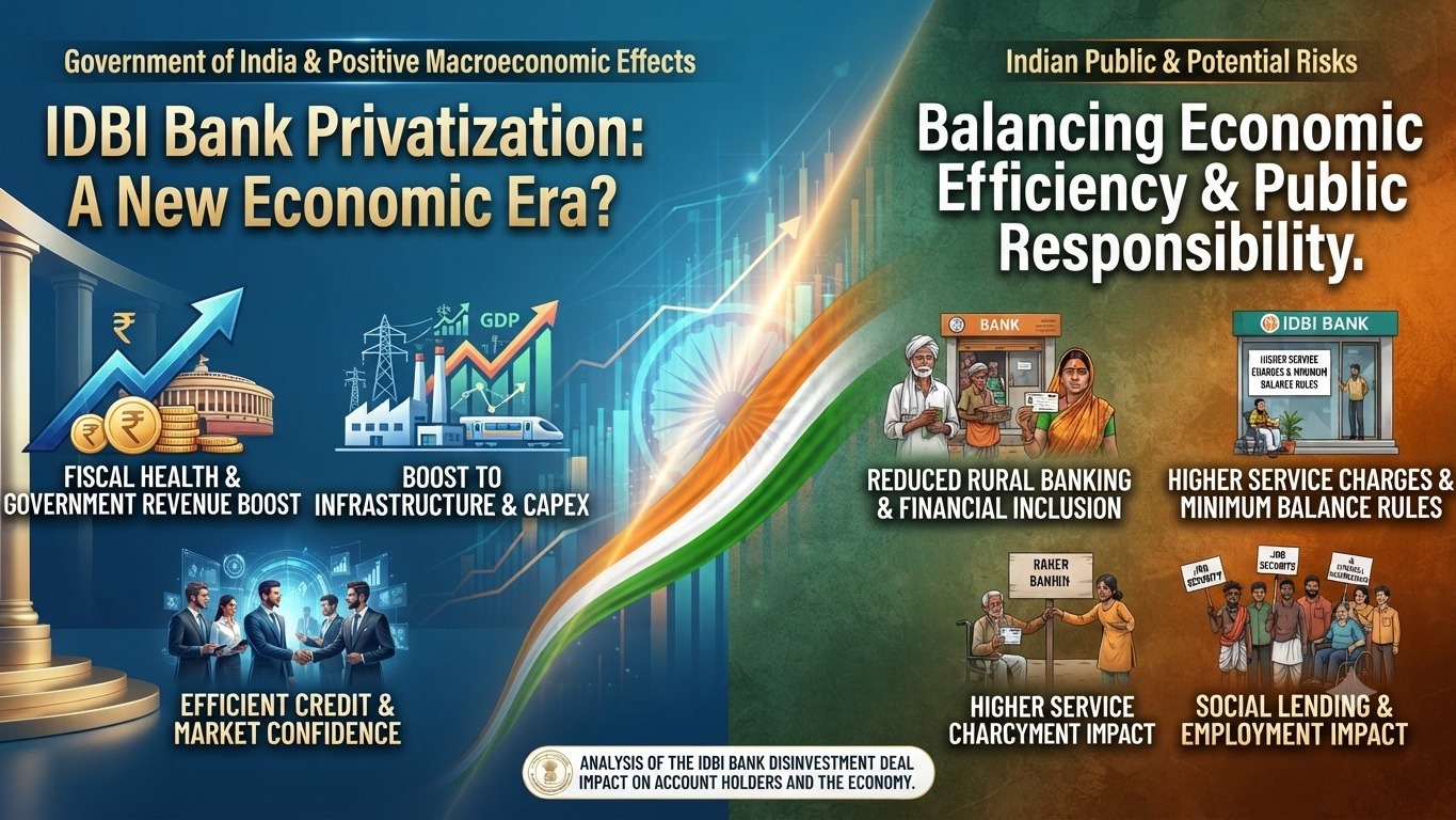 IDBI Bank privatization infographic highlighting economic benefits vs potential risks for account holders.