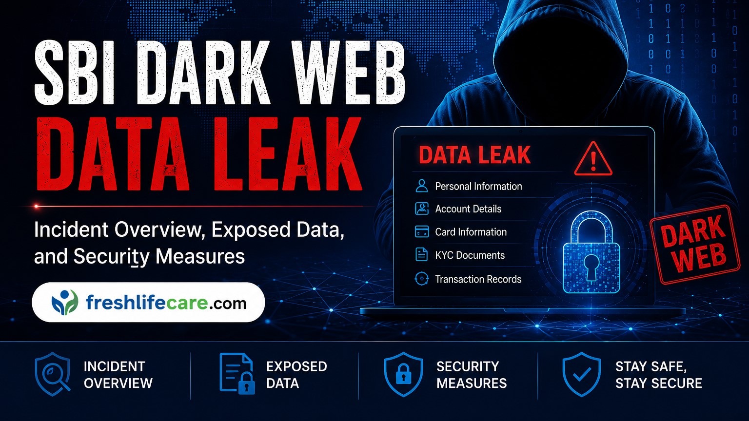 SBI Dark Web Data Leak cover image featuring a hooded hacker, laptop with security icons, and freshlifecare.com branding.