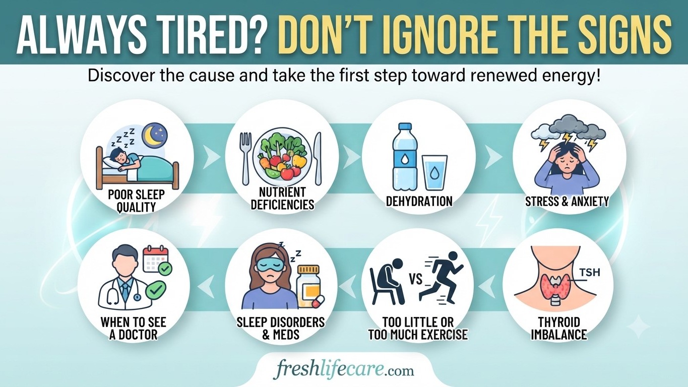 Infographic highlighting 7 common causes of constant tiredness, from poor sleep quality and nutrient deficiencies to thyroid imbalances, with the freshlifecare.com watermark.