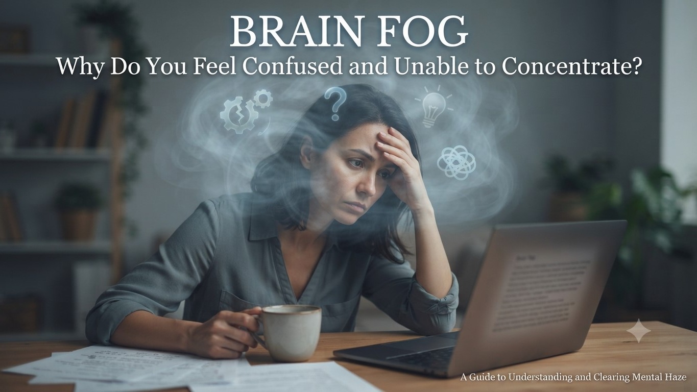 A woman sitting at a desk with a laptop, holding her forehead in frustration while surrounded by soft fog and subtle mental haze icons