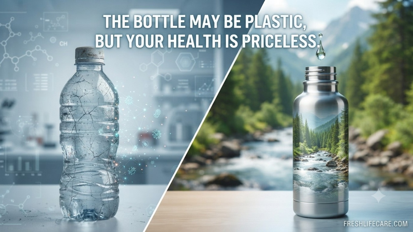 A split-screen illustration contrasting a worn plastic water bottle showing microplastic particles with a clean metal bottle set against a natural stream