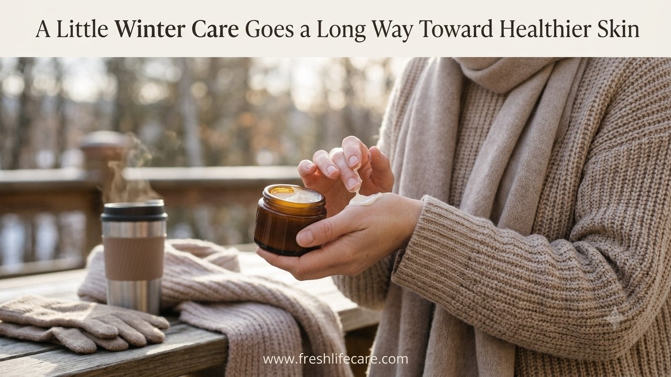 A person in winter knitwear applying moisturizer from an amber jar outdoors on a cold day, with a warm mug and scarf nearby and the title "A Little Winter Care Goes a Long Way Toward Healthier Skin"