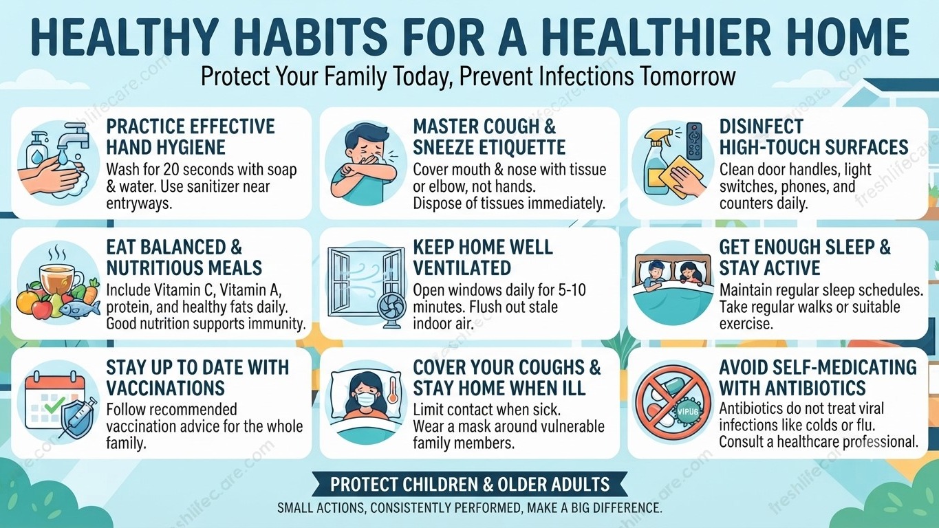 Infographic detailing daily habits for a healthier home and seasonal infection prevention, featuring key steps like hand hygiene, proper nutrition, and home ventilation with the freshlifecare.com watermark.