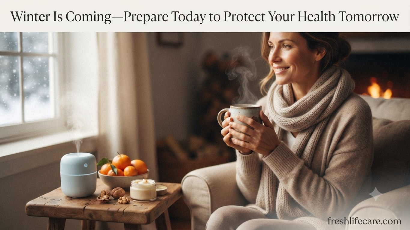 A cozy indoor scene featuring a woman in warm knitwear enjoying a warm beverage near a window, surrounded by winter wellness items like citrus fruits, a humidifier, and moisturizer, with the title "Winter Is Coming—Prepare Today to Protect Your Health Tomorrow" and watermark "freshlifecare.com".