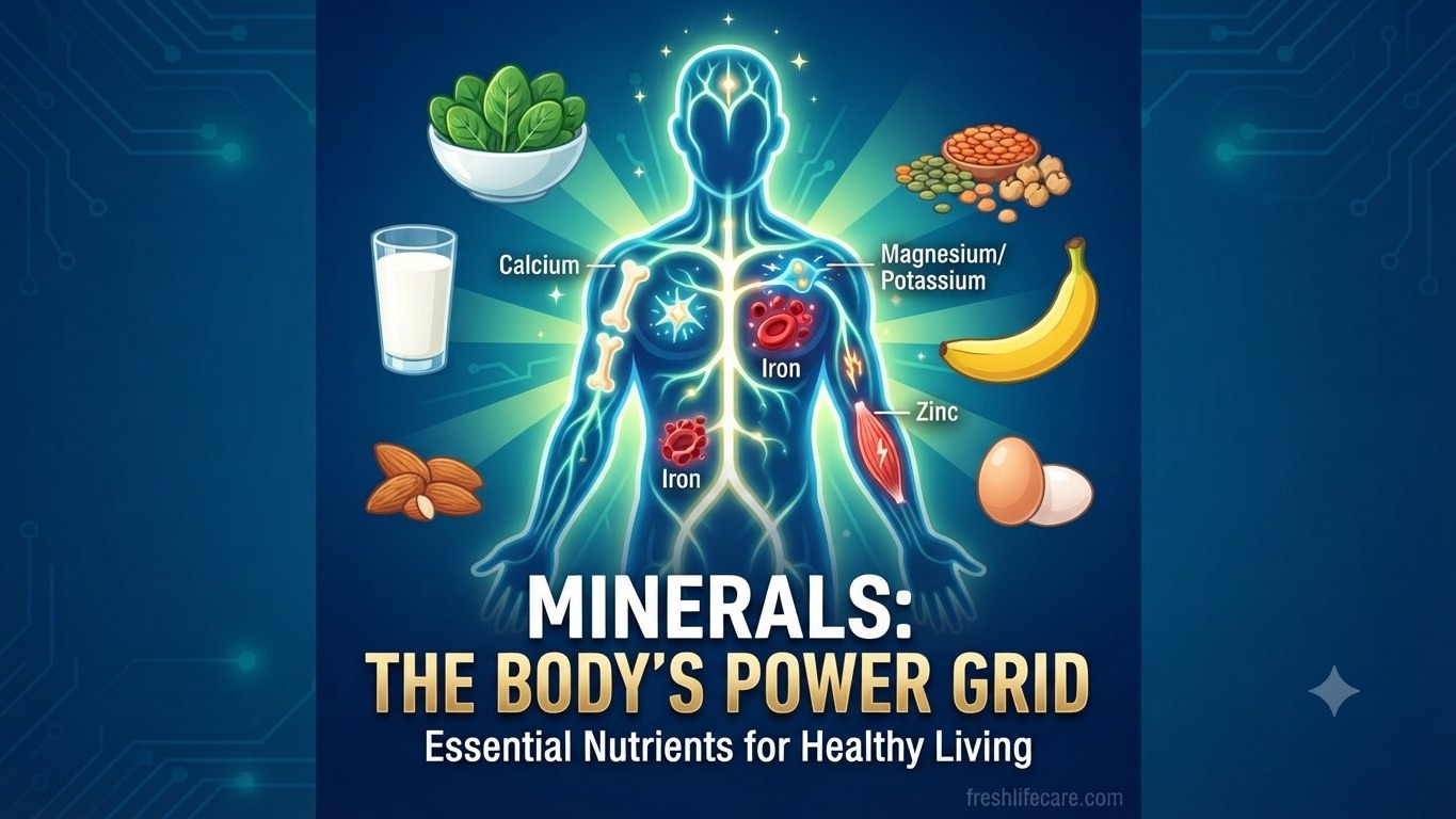 MINERALS: THE BODY'S POWER GRID" featuring a glowing human figure connected like a power grid, labeled with key minerals like Calcium, Iron, Magnesium/Potassium, and Zinc.