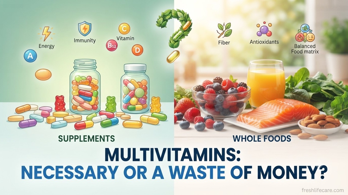 Multivitamins: Necessary or a Waste of Money?', featuring a split composition. On the left, a green-lit side displays pill bottles and gummies labeled 'SUPPLEMENTS' with icons for Energy and Immunity. On the right, a sun-lit side shows fresh fruits, vegetables, and salmon labeled 'WHOLE FOODS