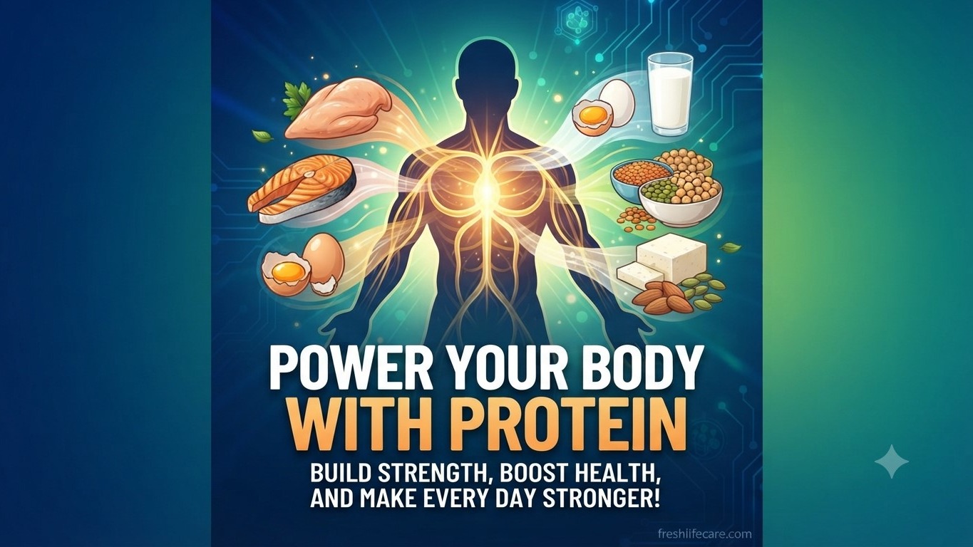 POWER YOUR BODY WITH PROTEIN", featuring a glowing silhouette of a strong person surrounded by illustrative streams of diverse protein sources like chicken, fish, eggs, dairy, legumes, and nuts