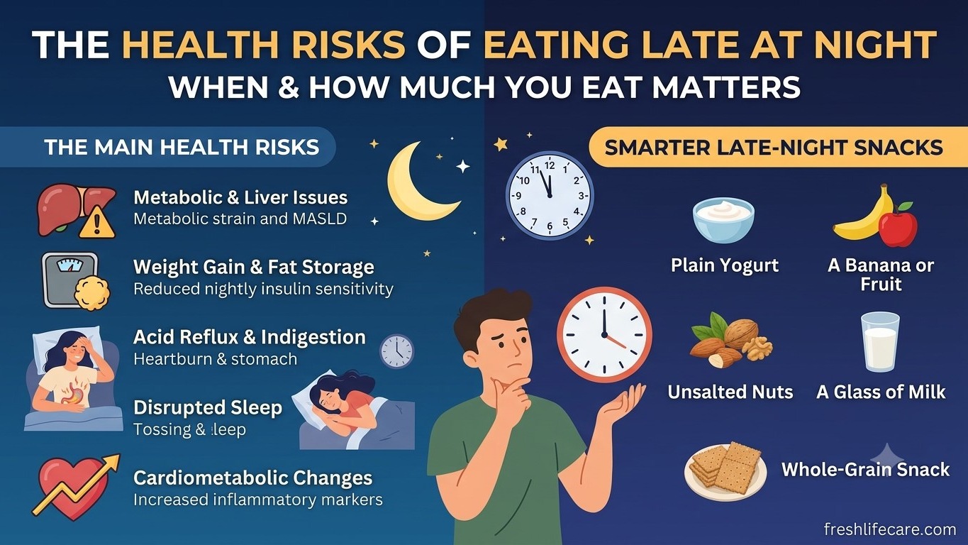 "An infographic titled 'THE HEALTH RISKS OF EATING LATE AT NIGHT', summarizing medical risks (metabolic strain, weight gain, reflux, sleep disruption) on the left and recommending healthier snack options (yogurt, fruit, nuts) on the right, with a central clock figure."