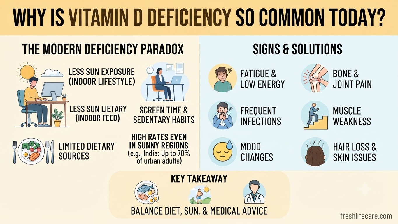 "An infographic titled 'WHY IS VITAMIN D DEFICIENCY SO COMMON TODAY?' contrasting lifestyle causes like low sun exposure with common symptoms and key solutions, watermarked with freshlifecare.com.