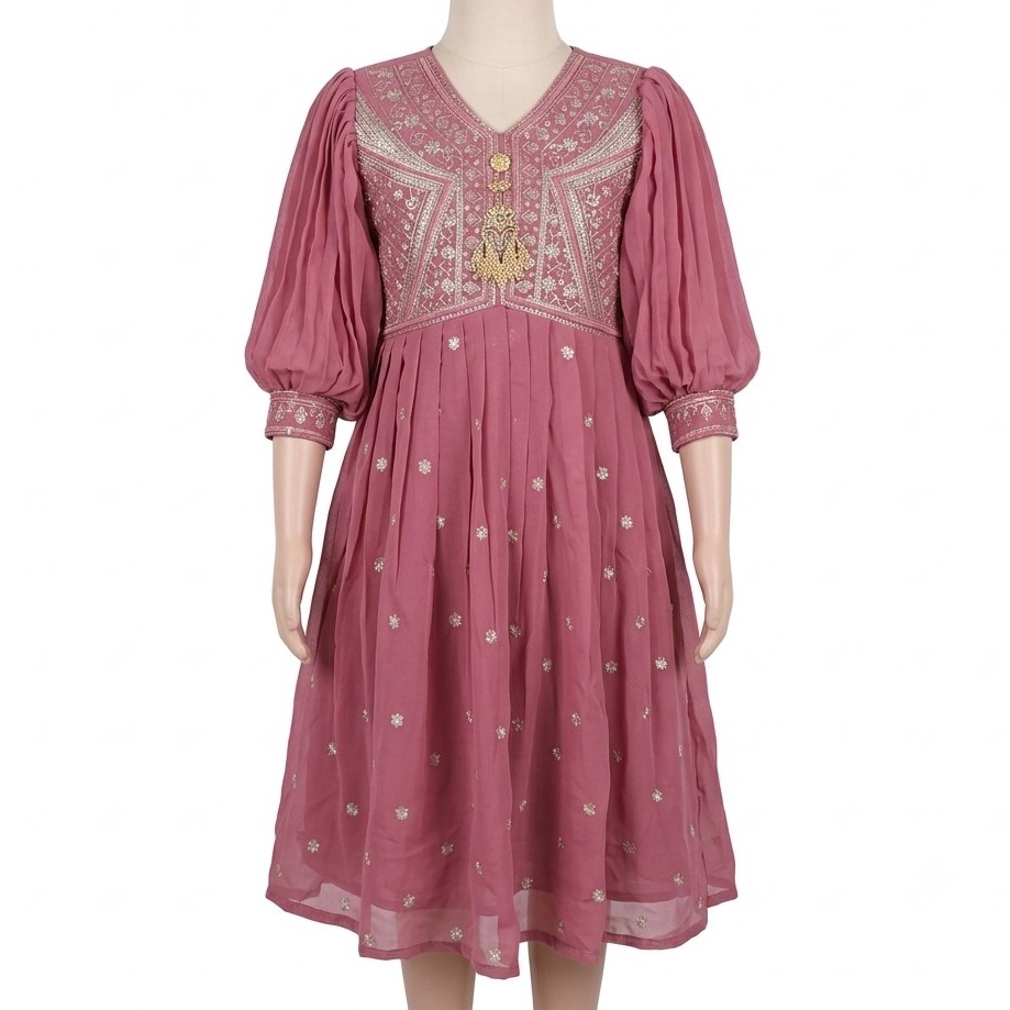 Rose pink embroidered Anarkali kurti dress featuring voluminous balloon sleeves, an ornate silver yoke with front decorative tassel, and small floral prints across the flared skirt.