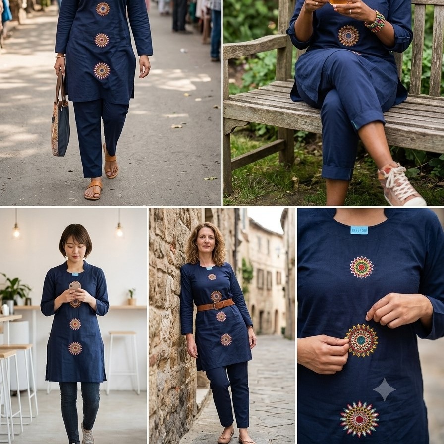 A smiling woman walking forward against a plain white background, wearing a navy blue long-sleeved kurta decorated with four vertical circular embroidered motifs down the front, paired with matching navy pants.