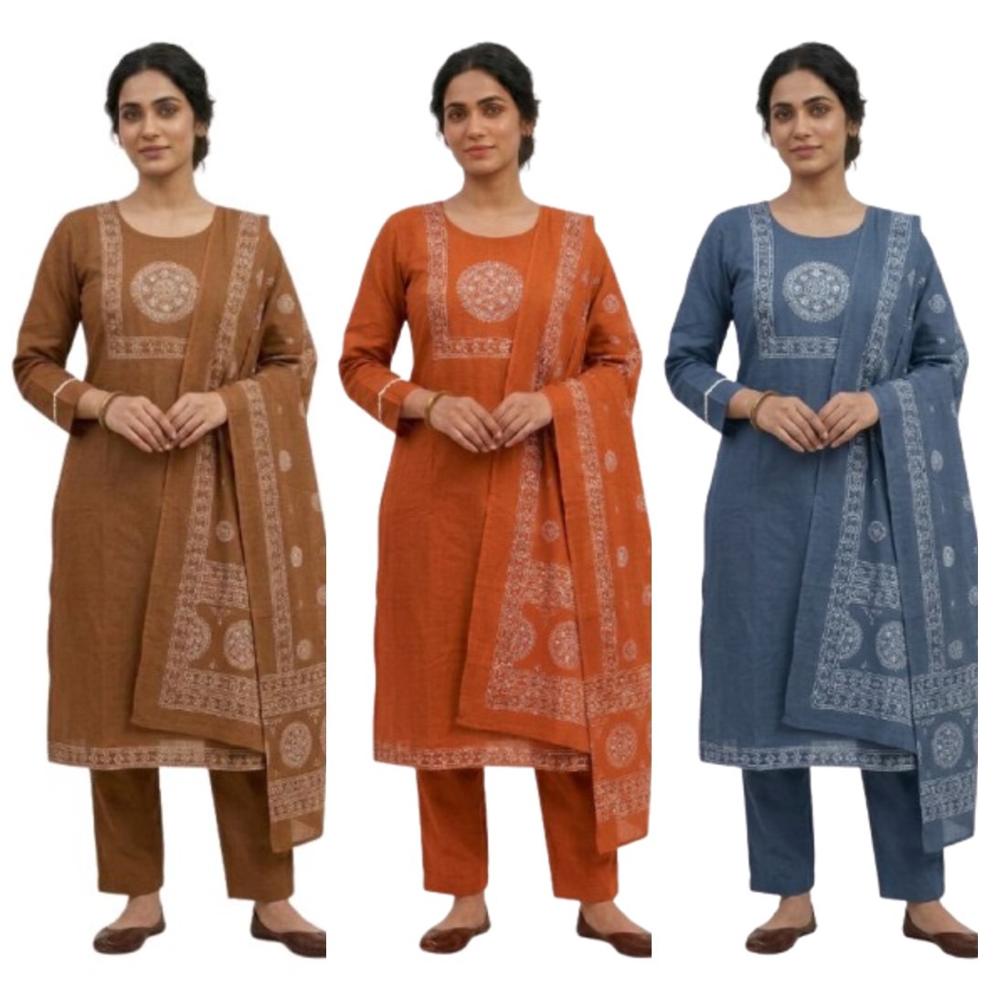 A side-by-side product comparison showing a woman posing against a plain white background in three different color variations of the same ethnic suit set. From left to right, she wears brown, rust-orange, and slate-blue three-piece sets.