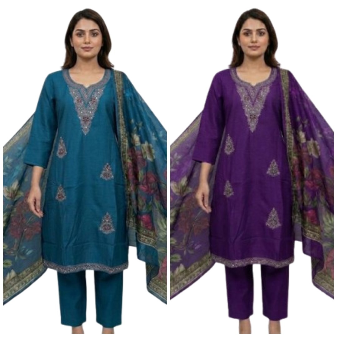 A model wearing a teal ethnic suit set with embroidered neck and body details paired with a printed dupatta, alongside the same suit set