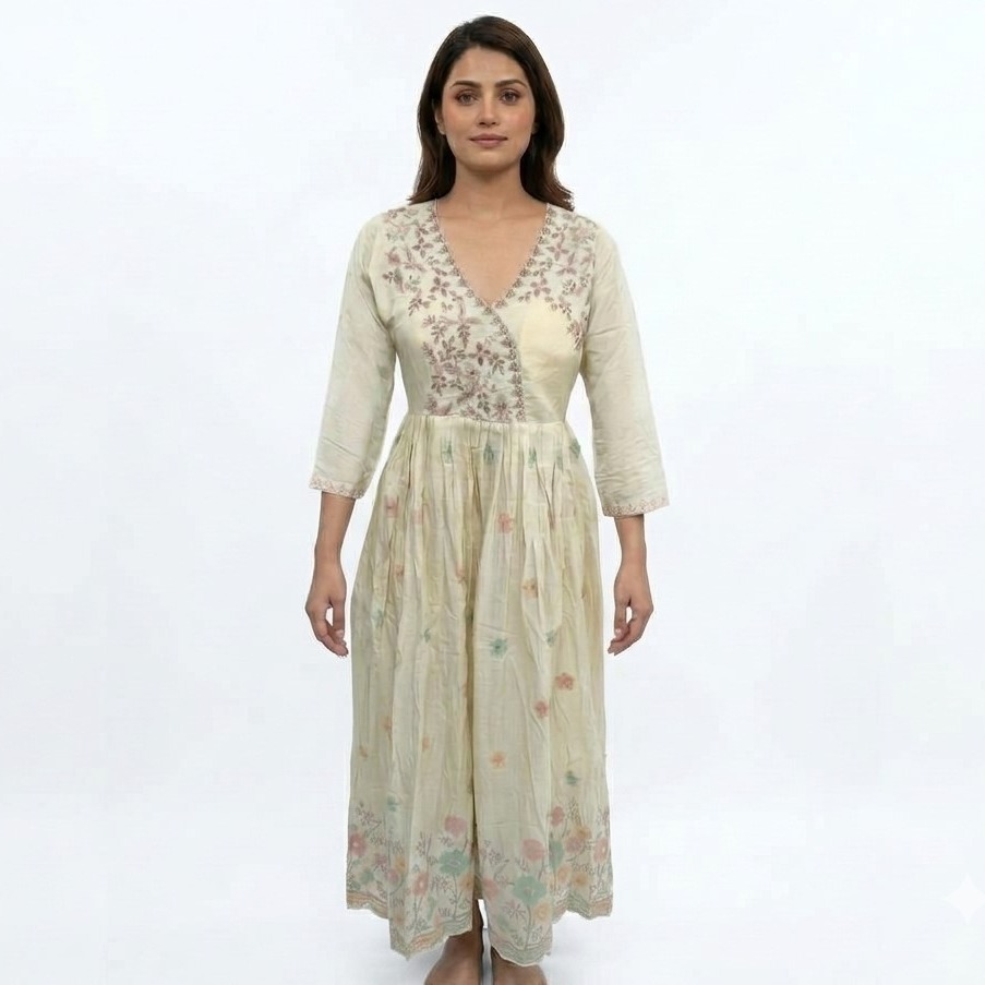 A model wearing a light beige Angrakha-style flared kurta with embroidered V-neckline and subtle floral motifs.