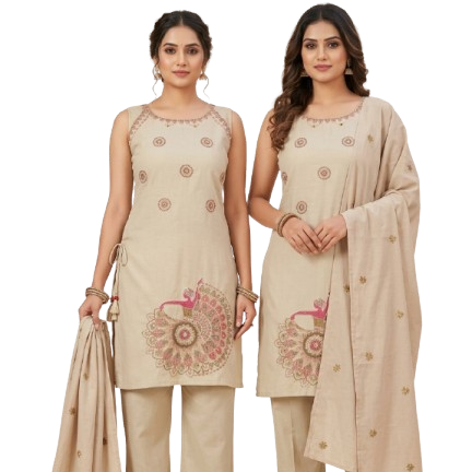 Two models wearing beige sleeveless straight kurta sets with embroidered peacock motifs, paired with matching trousers and dupattas