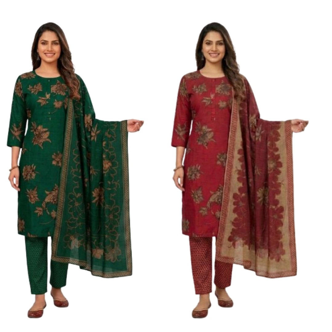 A model wearing a floral printed dark green kurta suit set with matching printed pants and dupatta, paired alongside the same suit set in maroon