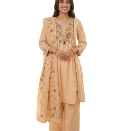 A model wearing a peach ethnic kurta set with floral embroidered neckline and sleeves, paired with wide-leg pants and a floral embroidered dupatta