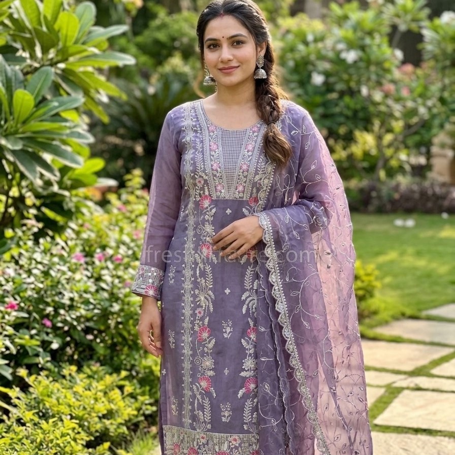 A smiling South Asian woman in a heavily embroidered lavender salwar kameez with a sheer dupatta poses on a garden pathway. A translucent "freshlifecare.com" watermark is visible across the middle of the image.