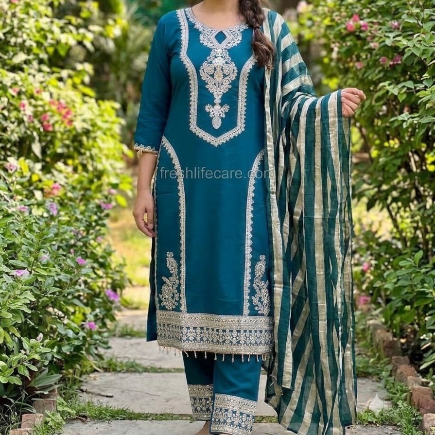A smiling South Asian woman in a teal blue embroidered salwar kameez with a striped dupatta stands on a garden pathway. A translucent "freshlifecare.com" watermark is overlaid across the middle of the image.