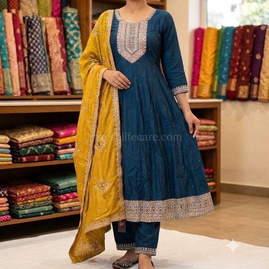 A smiling South Asian woman in a dark blue Anarkali suit with gold embroidery and a mustard yellow dupatta poses in a boutique setting. A translucent "freshlifecare.com" watermark is visible across the center of the image.